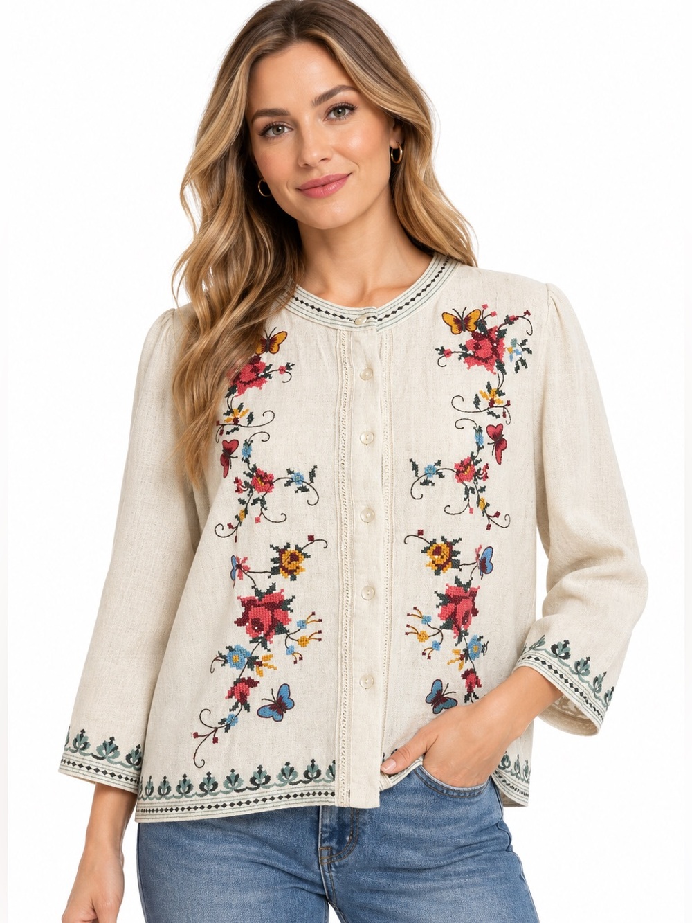 Solitaire Cream Button-Front Cardigan with Multicolor Floral Embroidery